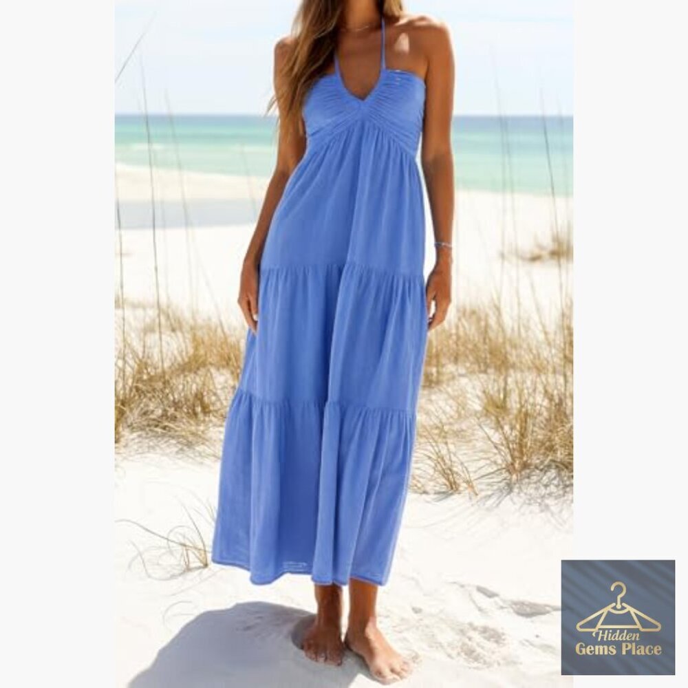 Cotton Maxi Dress with Pockets, Halter Neck, Backless, High Waist - Picture 5 of 5